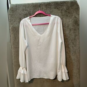 Chic White V-Neck Blouse with Ruffled Sleeves